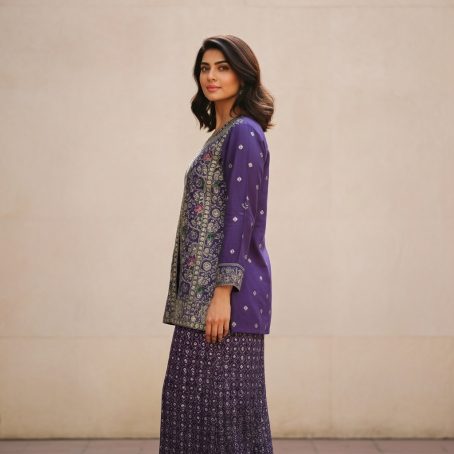 Deep Purple Printed & Embroidered Sharara Suit - Image 3