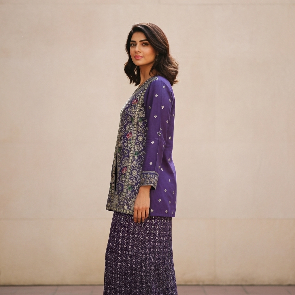 Deep Purple Printed & Embroidered Sharara Suit - Image 3