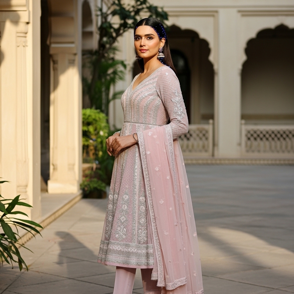 Blush Pink Net Embroidered Anarkali Suit - Image 4