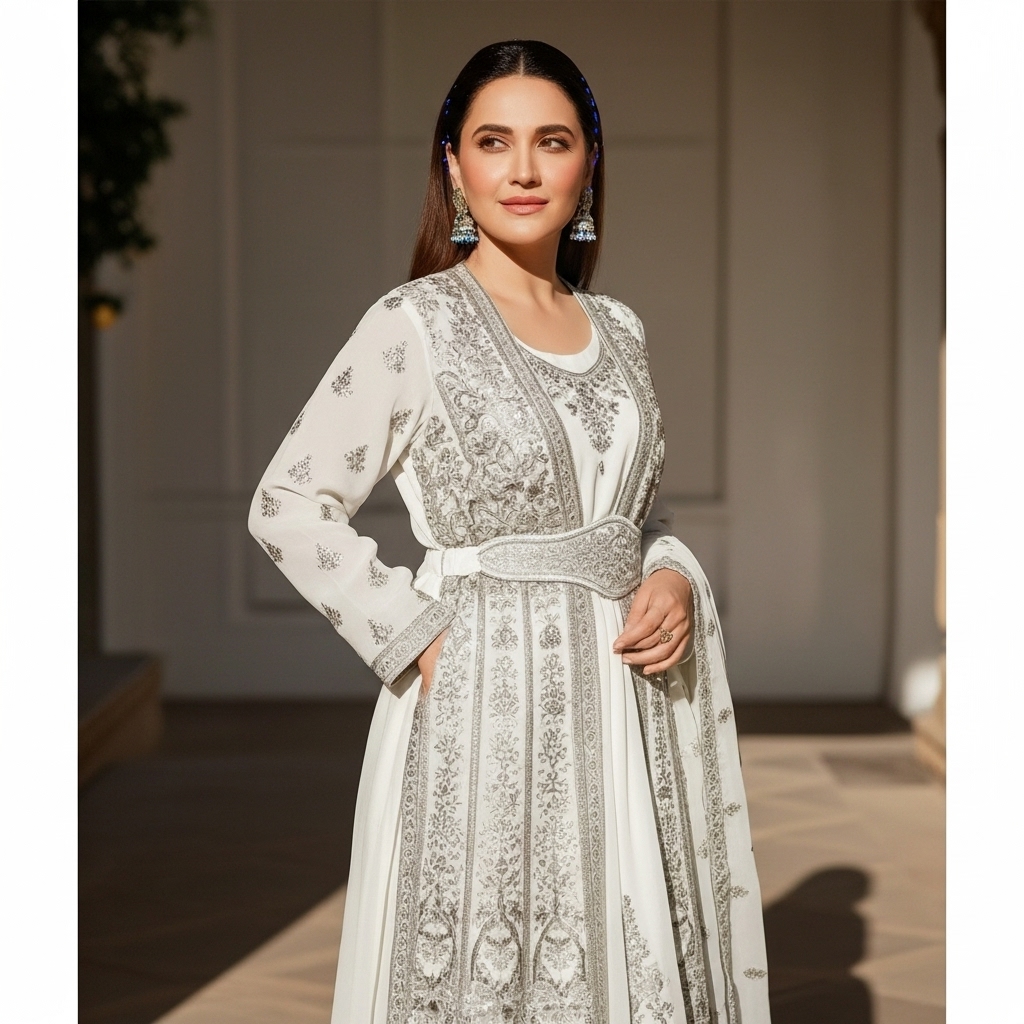 White Silk Embroidered Gown - Image 5