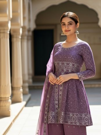 Lavender Georgette Embroidered Sharara Suit