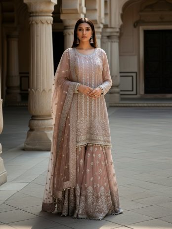 Dusty Pink Net Embroidered Sharara Suit