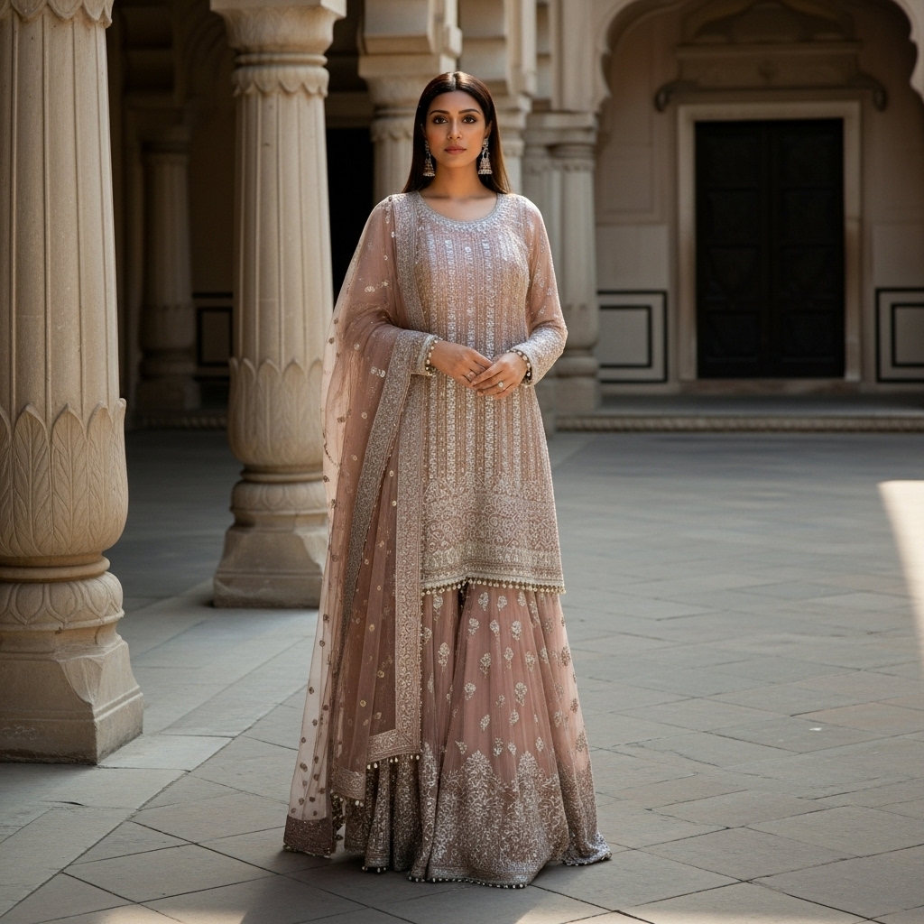 Dusty Pink Net Embroidered Sharara Suit - Image 2