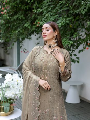 Taupe Georgette Embroidered Straight Suit