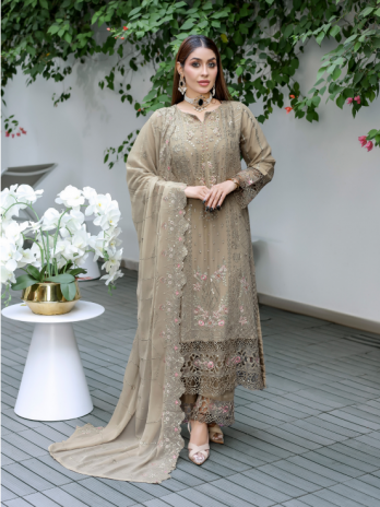 Taupe Georgette Embroidered Straight Suit