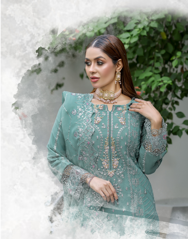 Sage Green Georgette Embroidered Straight Suit - Image 2