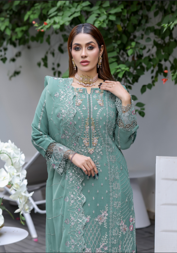 Sage Green Georgette Embroidered Straight Suit
