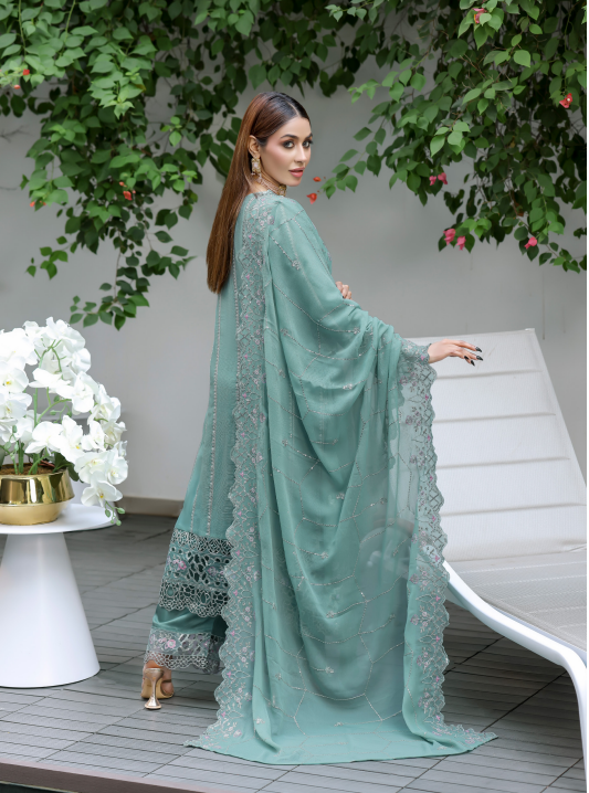 Sage Green Georgette Embroidered Straight Suit - Image 3