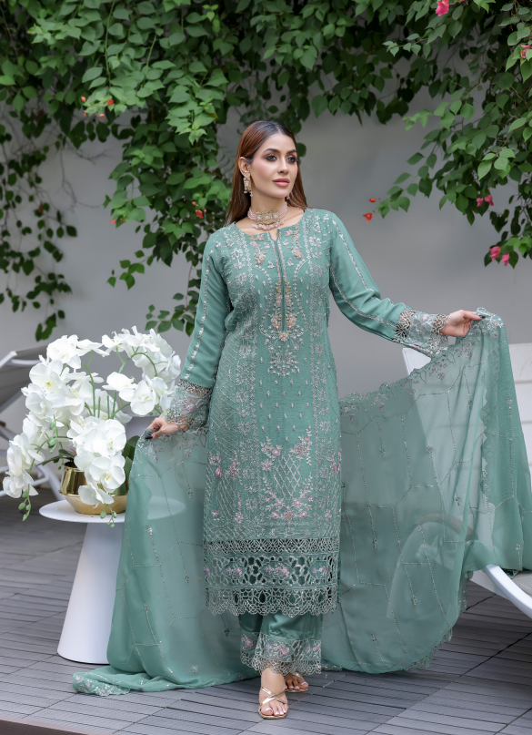 Sage Green Georgette Embroidered Straight Suit - Image 4