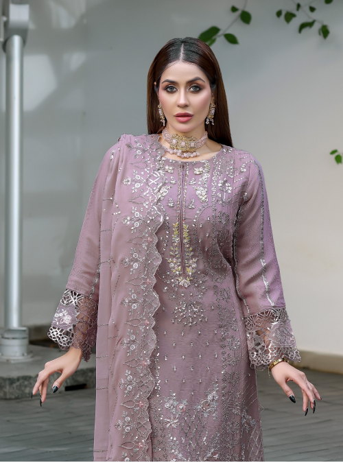 Dusty Mauve Georgette Embroidered Straight Suit - Image 4