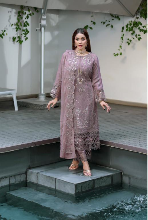 Dusty Mauve Georgette Embroidered Straight Suit