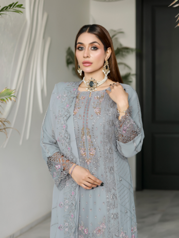 Misty Slate Georgette Embroidered Straight Suit