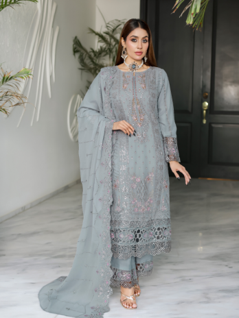 Misty Slate Georgette Embroidered Straight Suit